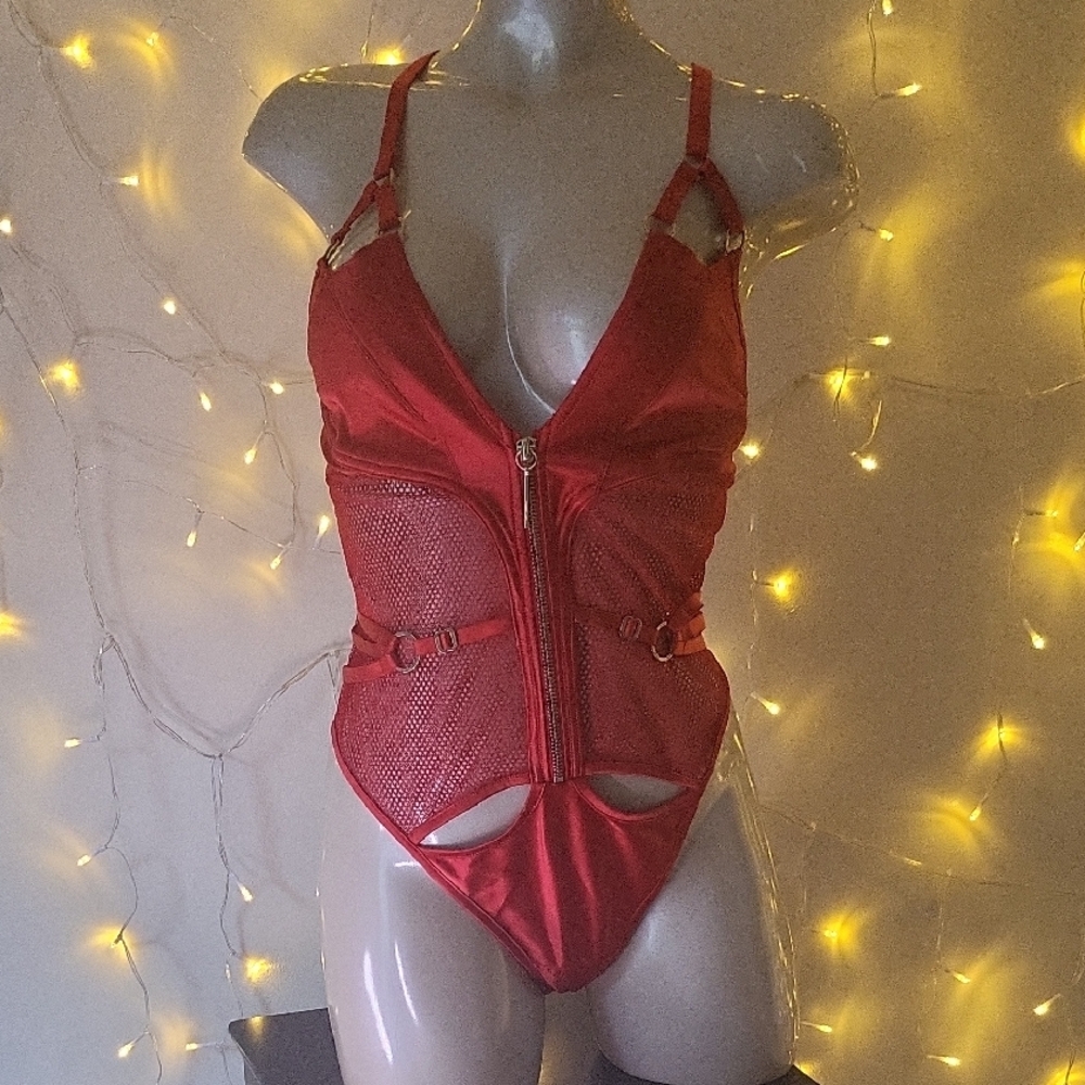 Honey Birdette Red Mesh Zippered Bodysuit Lot 077